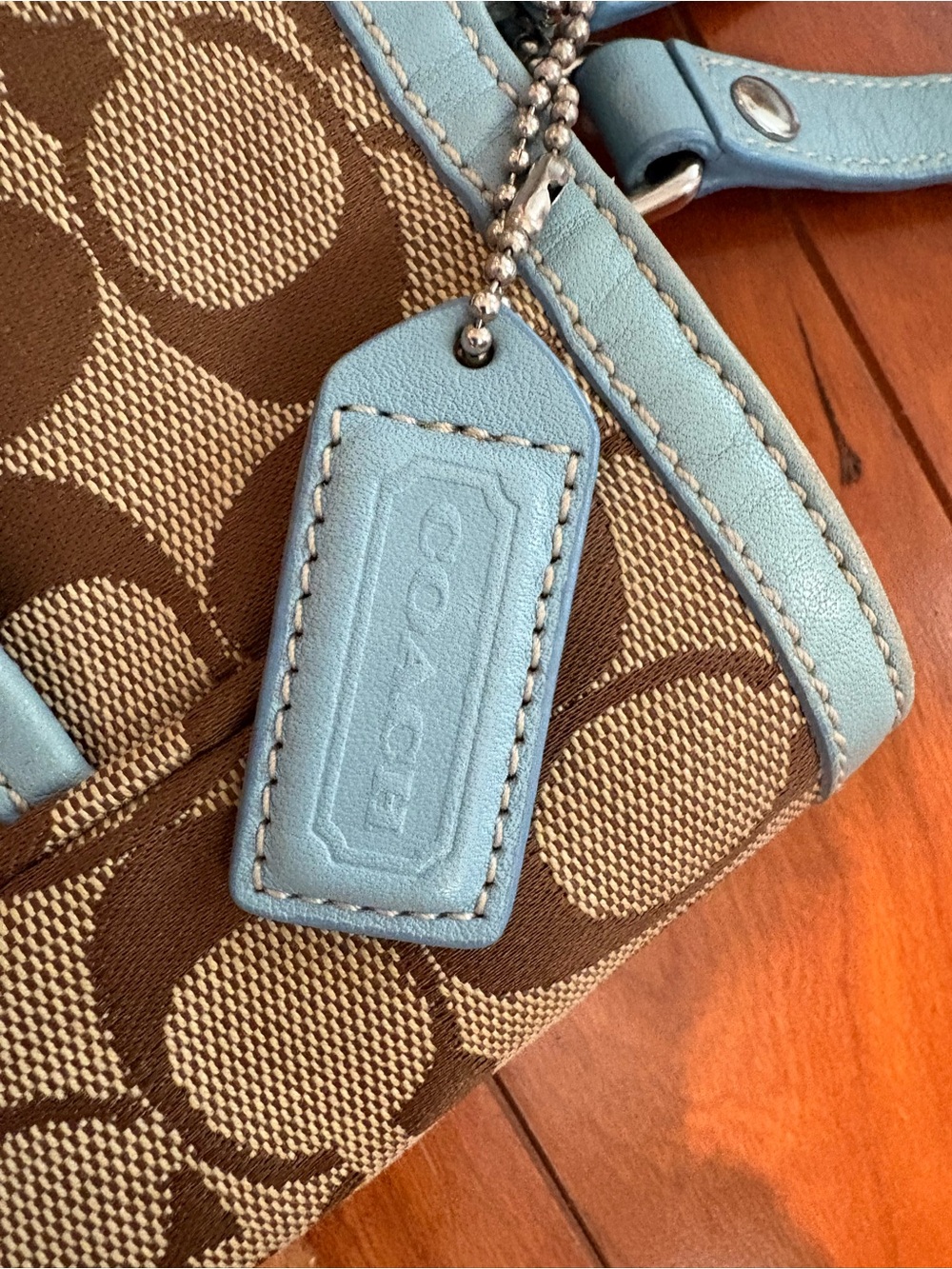 Coach Signature Hamptons Lunch Tote Blue Leather Trim - Picture 8 of 10